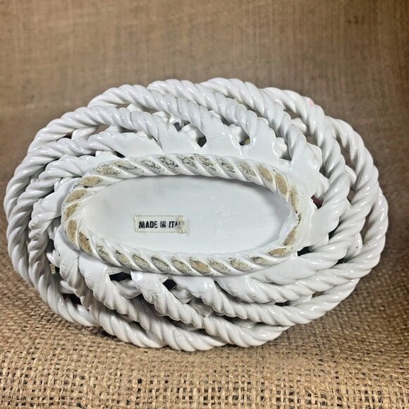 Vintage Ceramic Laced Fruit Basket 4.5" Oval Lemon Cherries Made in Italy - Picture 7 of 11